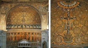 The apse end of San Clemente Basilica in Rome displays a profusion of vegetation, saints, and angels, a heavenly vision post Redemption. (right) Dominating the apse in San Clemente –in the center of the Garden -is the “tree of life”- the cross of Christ from which new life sprouts to fill the cosmos. (Pictures Source)