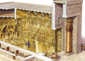 The interior of Solomon’s Temple was decorated in imitation of God’s “pleasure park” with cherubim, palm-trees, and open flowers, all overlaid with gold. (Picture Source)